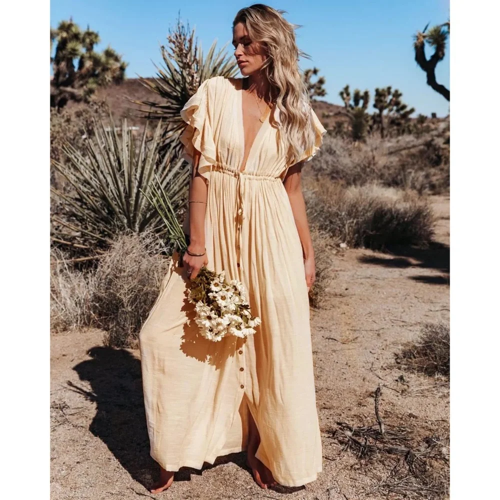 SOLD OUT Cream Gauze Boho Raw Hem Button Maxi Dress - Picture 2 of 11